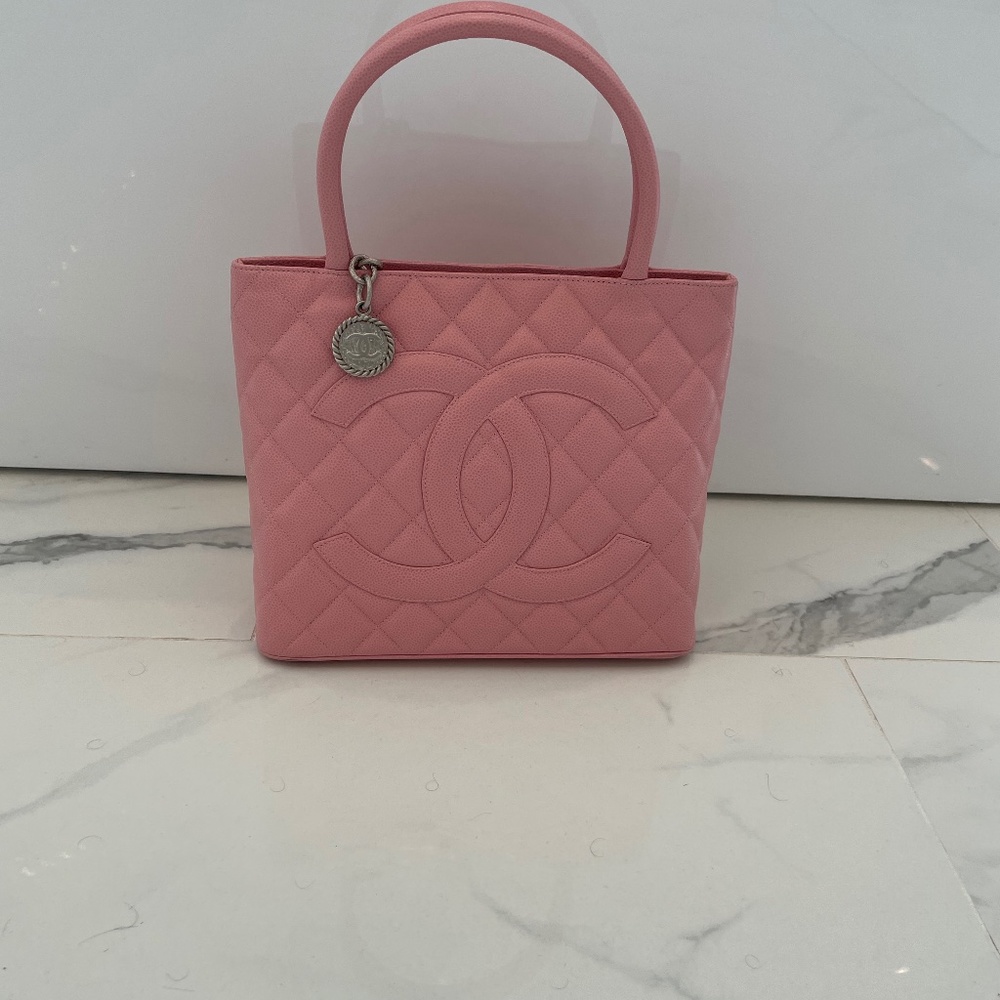 Authentic Chanel Caviar Pink Bag with Silver Medallion